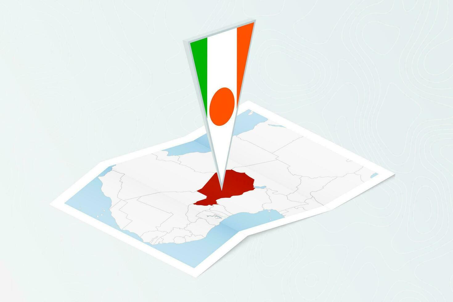 Isometric paper map of Niger with triangular flag of Niger in isometric style. Map on topographic background. vector