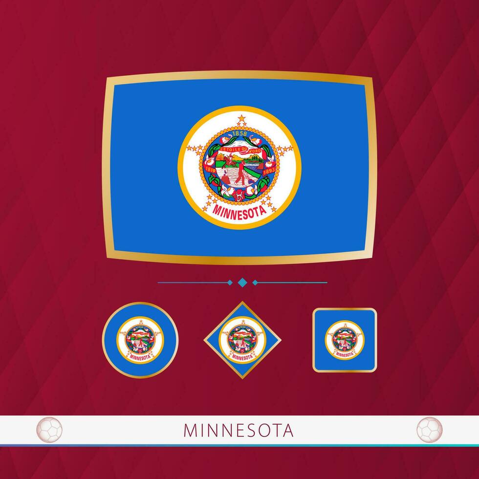Set of Minnesota flags with gold frame for use at sporting events on a burgundy abstract background. vector