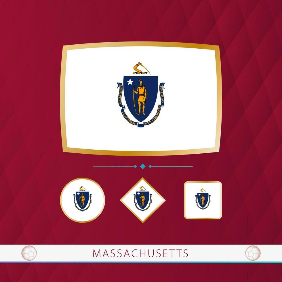 Set of Massachusetts flags with gold frame for use at sporting events on a burgundy abstract background. vector
