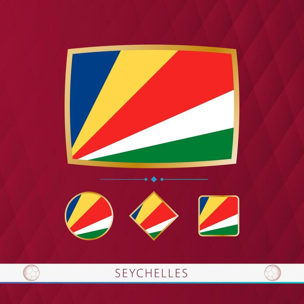 Set of Seychelles flags with gold frame for use at sporting events on a burgundy abstract background. vector