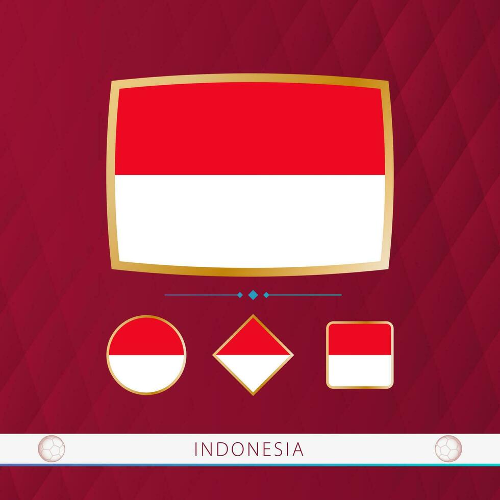 Set of Indonesia flags with gold frame for use at sporting events on a burgundy abstract background. vector