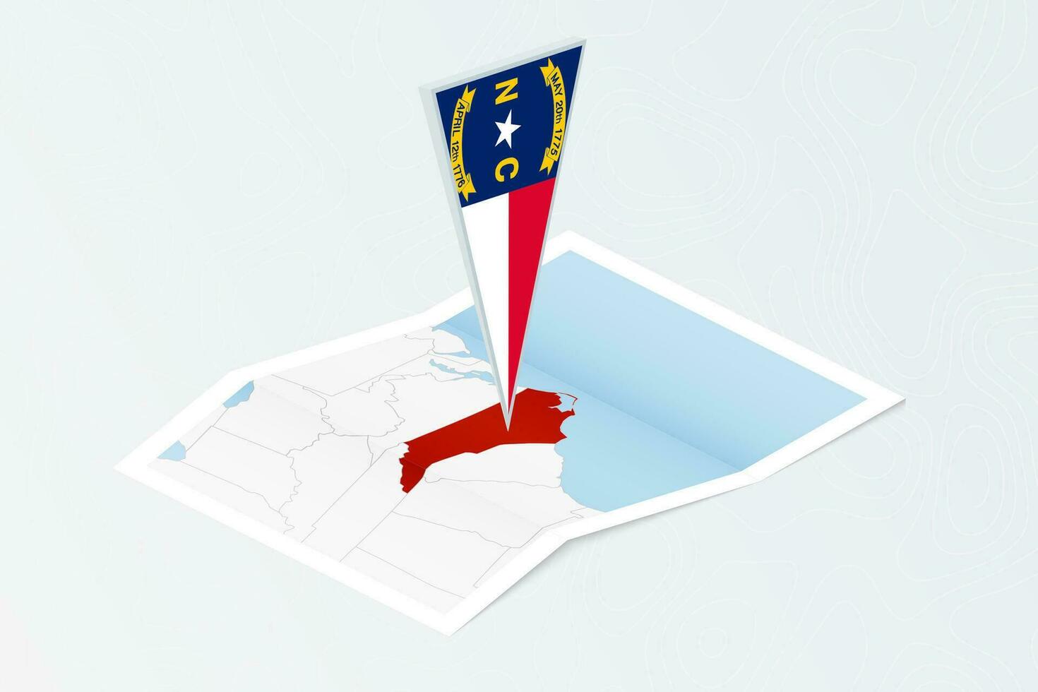 Isometric paper map of North Carolina with triangular flag of North Carolina in isometric style. Map on topographic background. vector