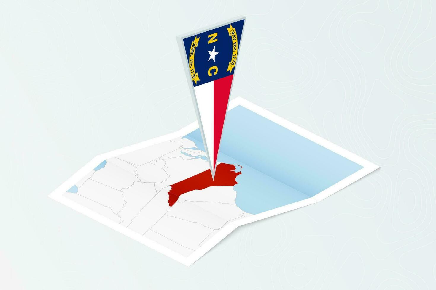 isométrica papel mapa de norte carolina con triangular bandera de norte carolina en isométrica estilo. mapa en topográfico antecedentes. vector