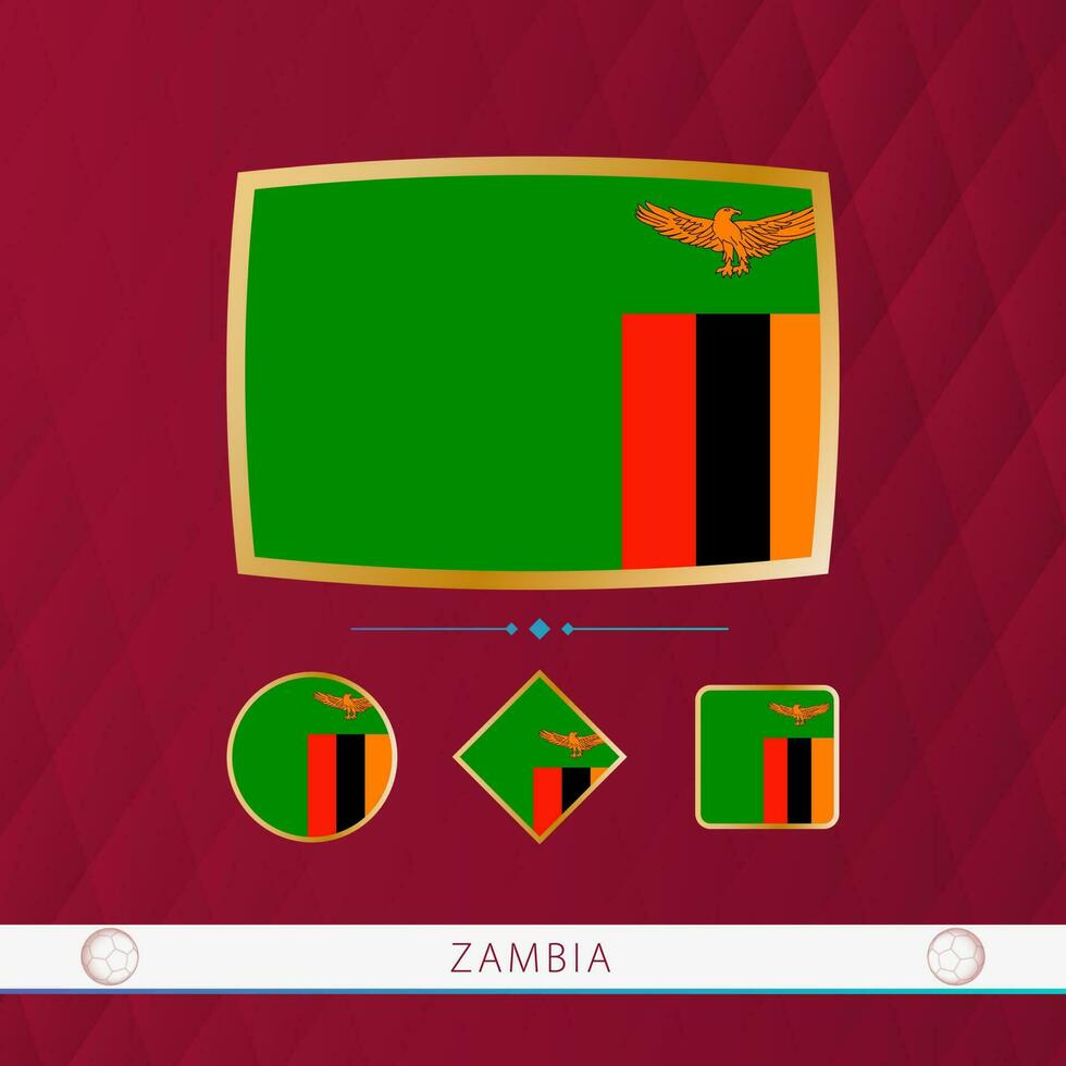 Set of Zambia flags with gold frame for use at sporting events on a burgundy abstract background. vector