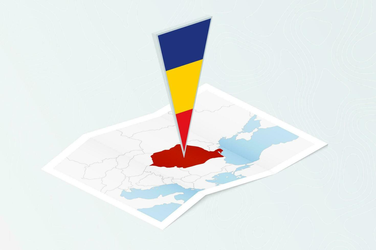 Isometric paper map of Romania with triangular flag of Romania in isometric style. Map on topographic background. vector