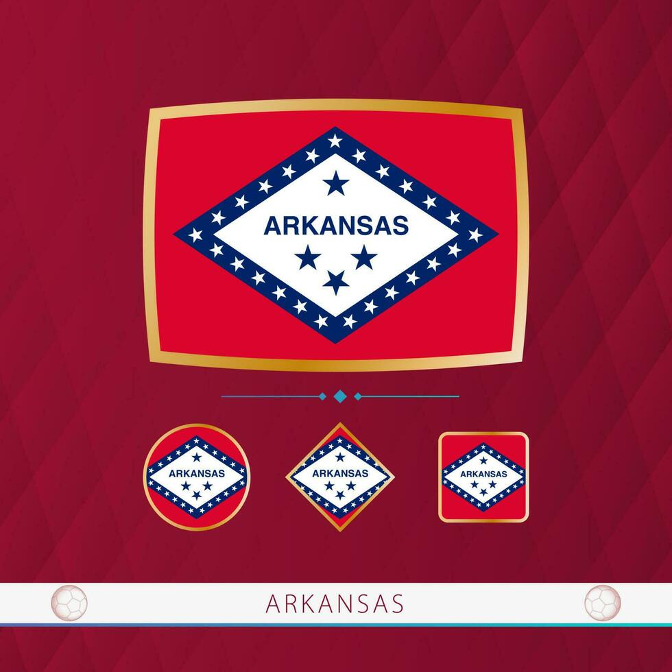 Set of Arkansas flags with gold frame for use at sporting events on a burgundy abstract background. vector