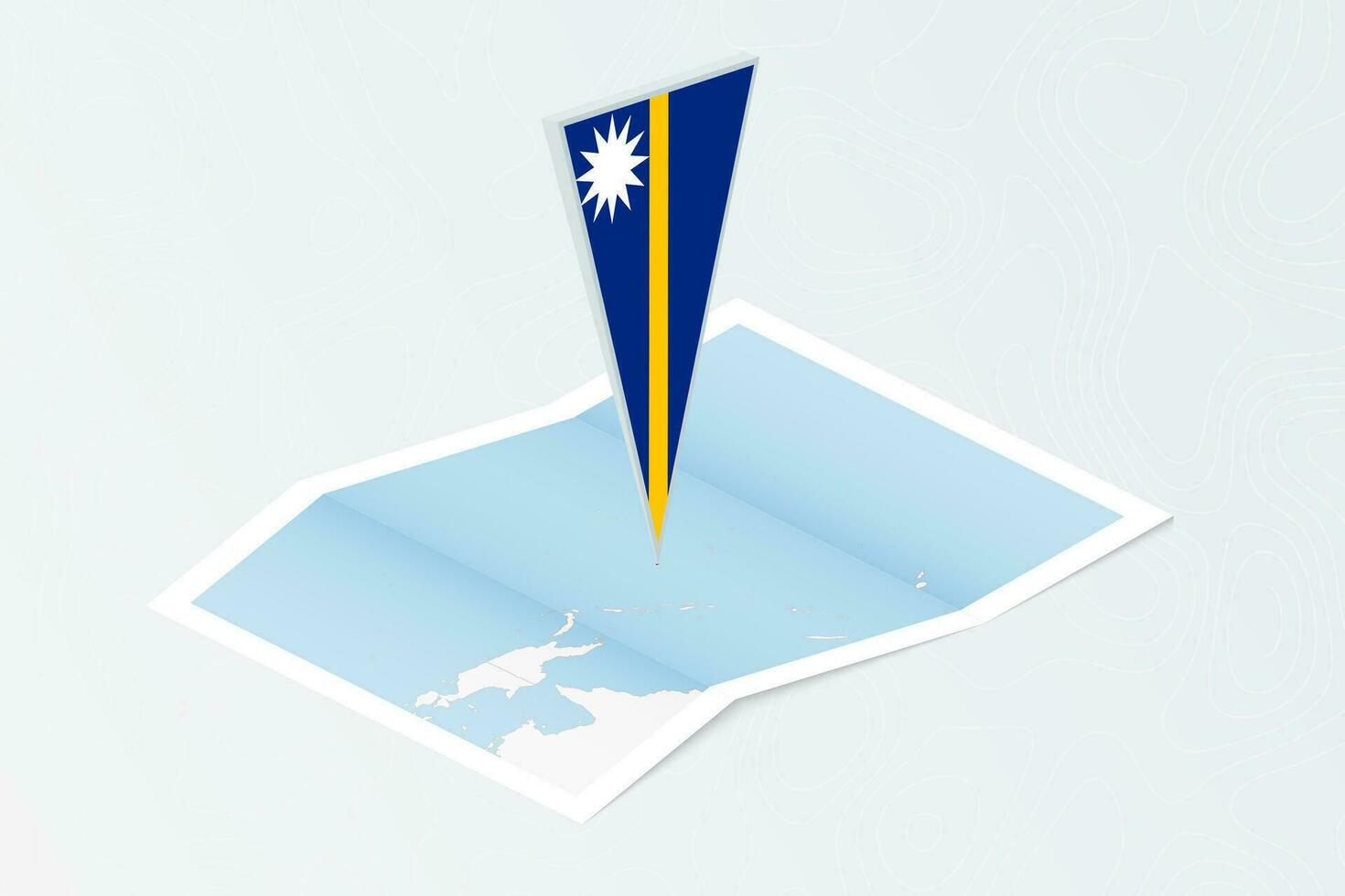 Isometric paper map of Nauru with triangular flag of Nauru in isometric style. Map on topographic background. vector