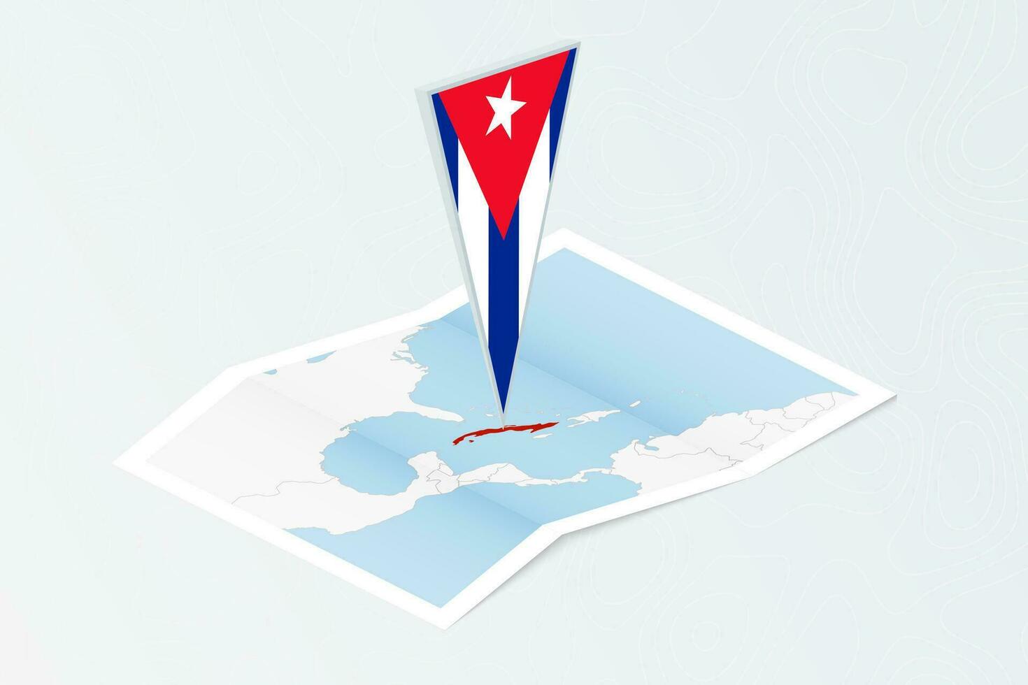 Isometric paper map of Cuba with triangular flag of Cuba in isometric style. Map on topographic background. vector