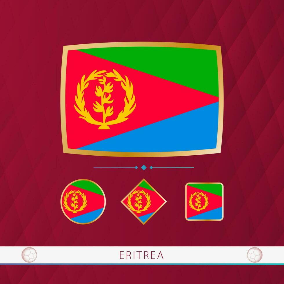 Set of Eritrea flags with gold frame for use at sporting events on a burgundy abstract background. vector