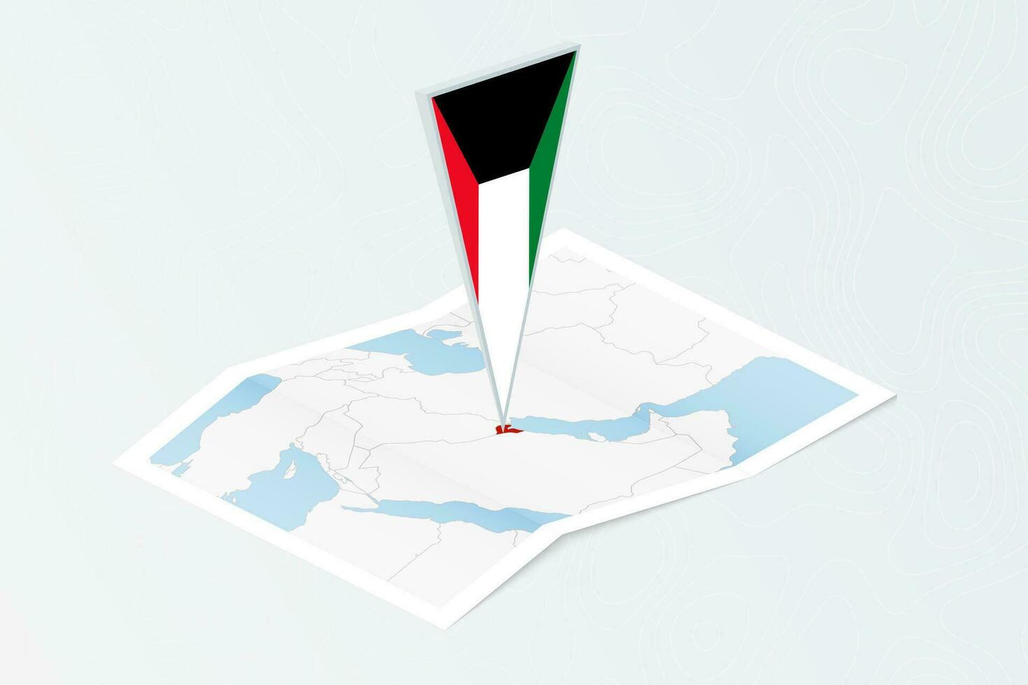 Isometric paper map of Kuwait with triangular flag of Kuwait in isometric style. Map on topographic background. vector