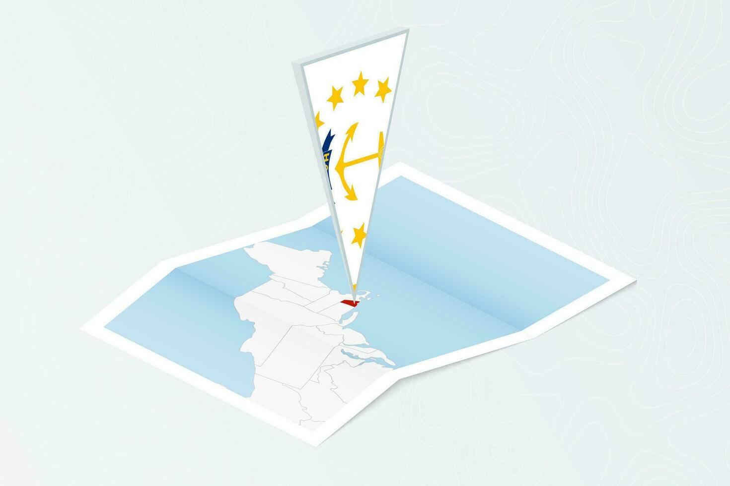 Isometric paper map of Rhode Island with triangular flag of Rhode Island in isometric style. Map on topographic background. vector