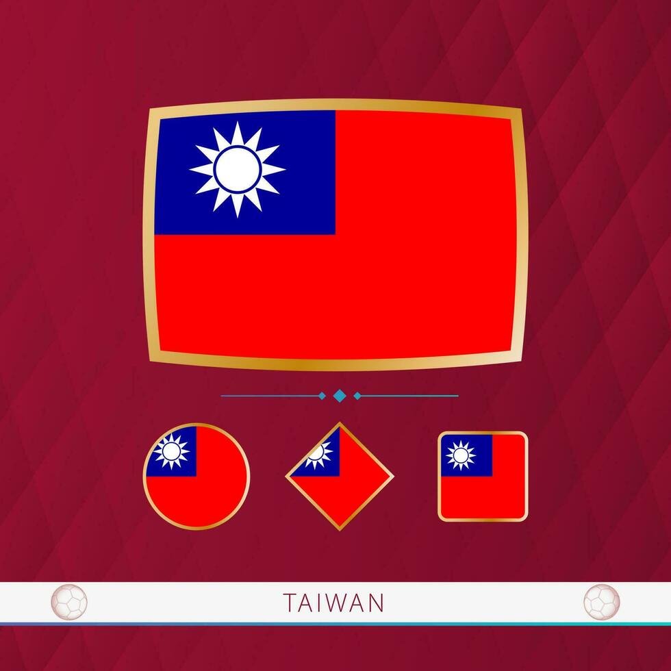 Set of Taiwan flags with gold frame for use at sporting events on a burgundy abstract background. vector