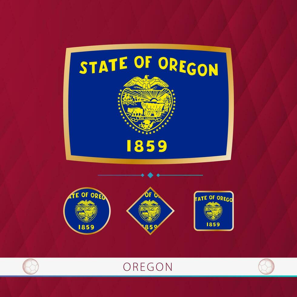 Set of Oregon flags with gold frame for use at sporting events on a burgundy abstract background. vector