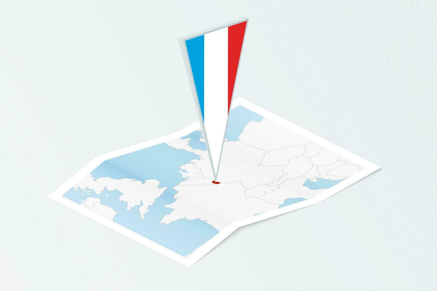 Isometric paper map of Luxembourg with triangular flag of Luxembourg in isometric style. Map on topographic background. vector