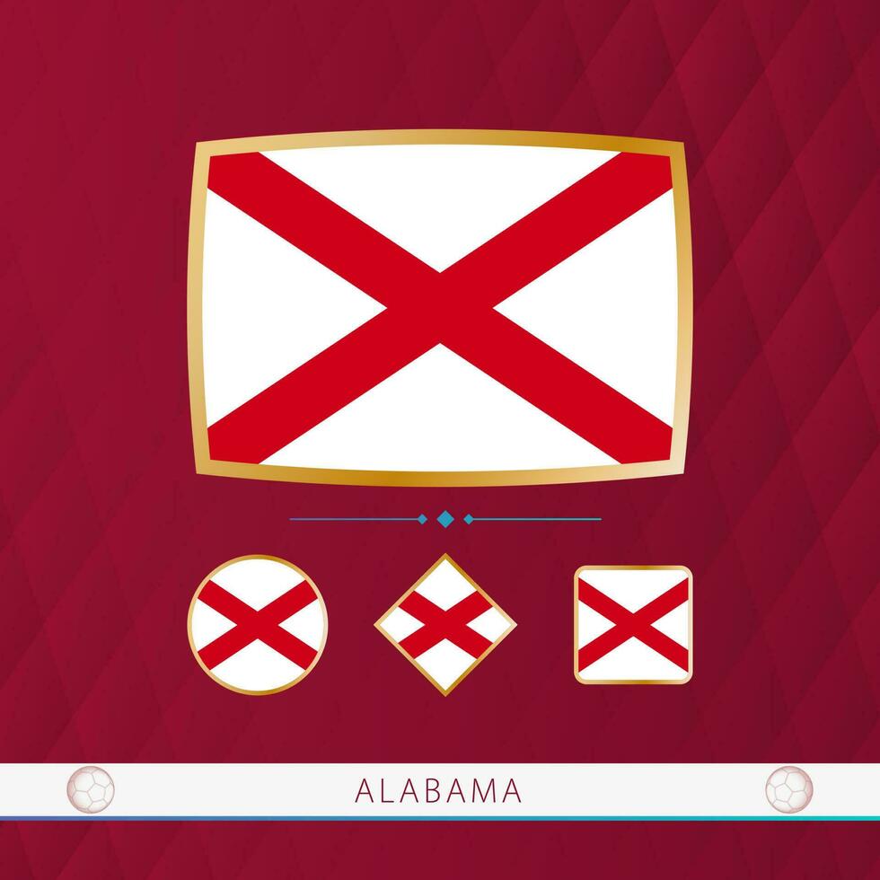 Set of Alabama flags with gold frame for use at sporting events on a burgundy abstract background. vector