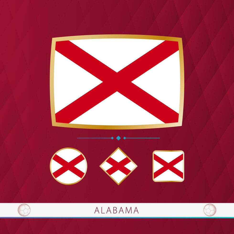 conjunto de Alabama banderas con oro marco para utilizar a deportivo eventos en un borgoña resumen antecedentes. vector