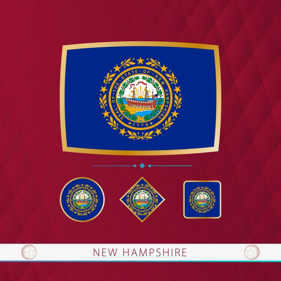 Set of New Hampshire flags with gold frame for use at sporting events on a burgundy abstract background. vector