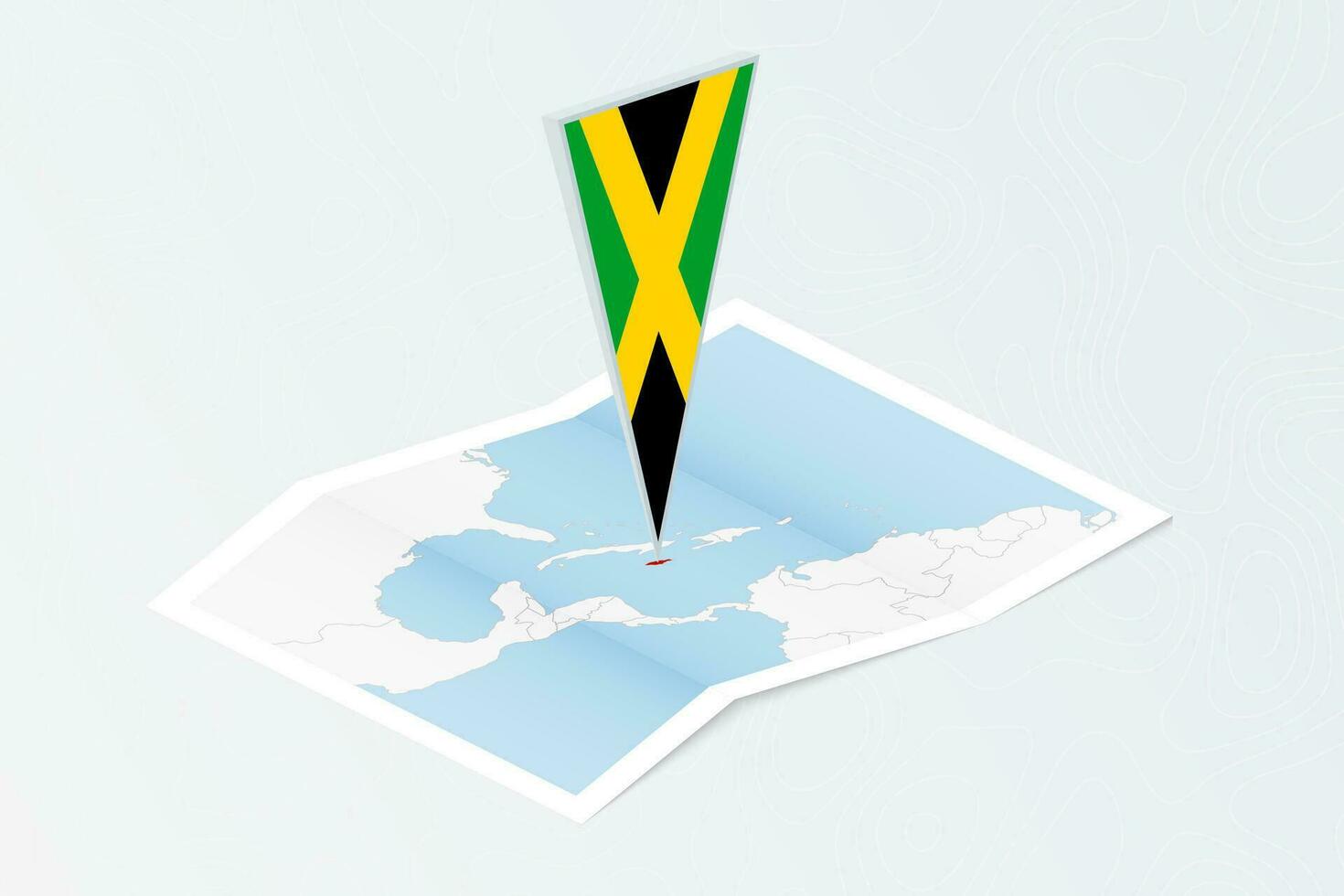 Isometric paper map of Jamaica with triangular flag of Jamaica in isometric style. Map on topographic background. vector