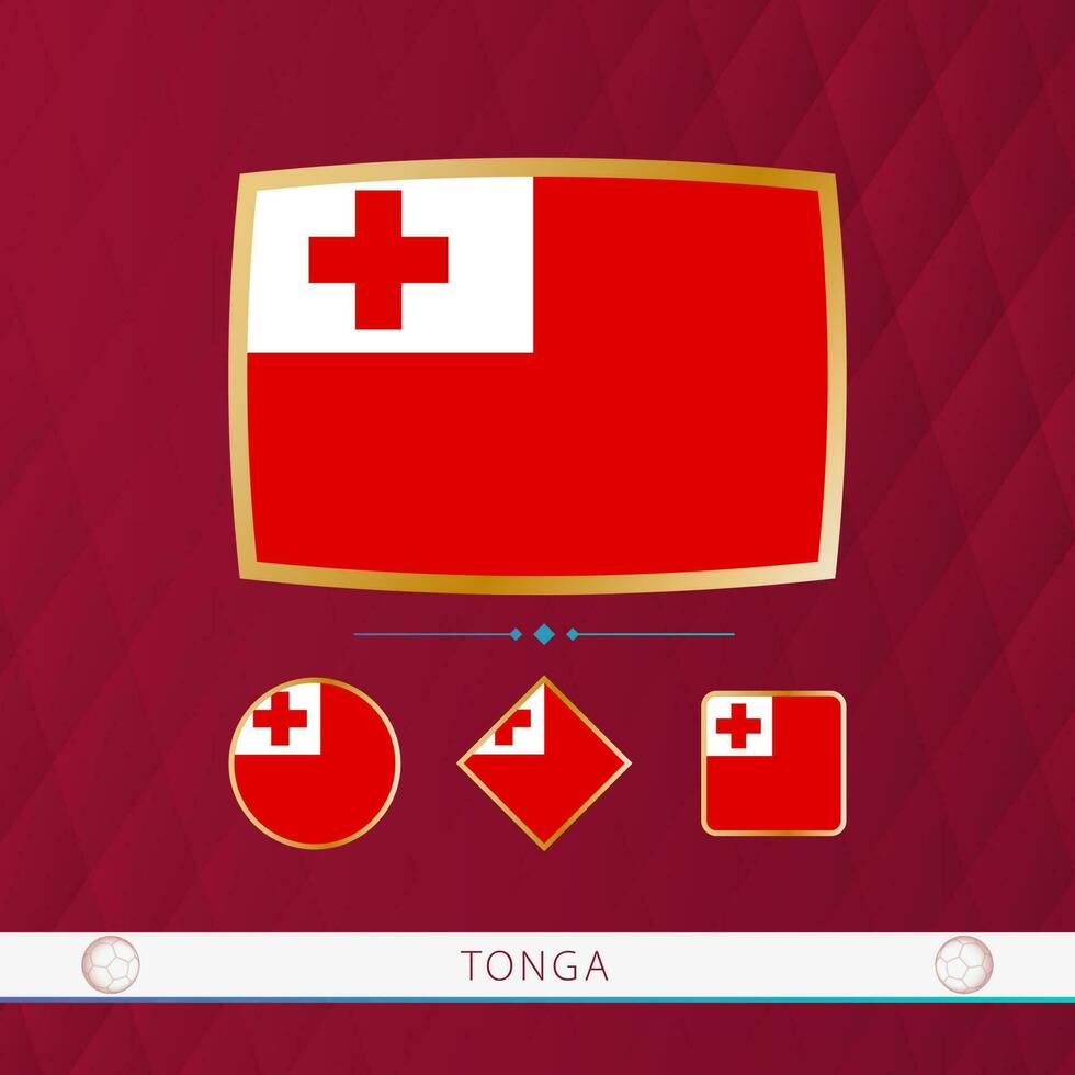 Set of Tonga flags with gold frame for use at sporting events on a burgundy abstract background. vector