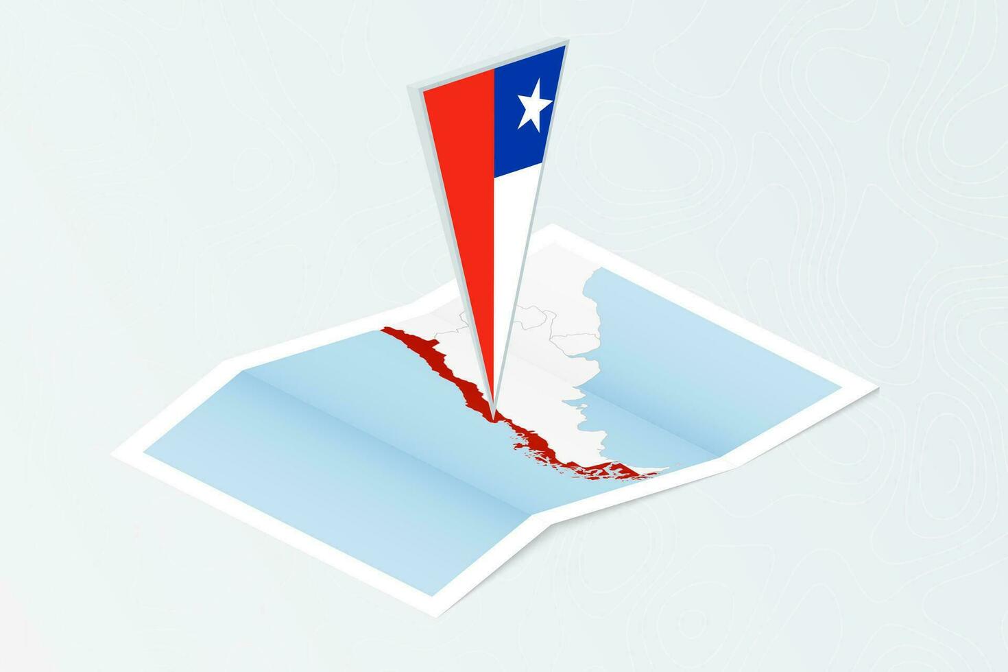 Isometric paper map of Chile with triangular flag of Chile in isometric style. Map on topographic background. vector