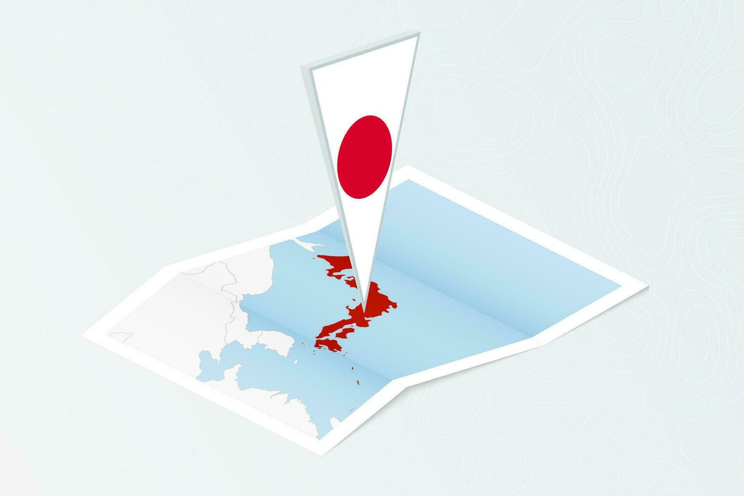 Isometric paper map of Japan with triangular flag of Japan in isometric style. Map on topographic background. vector