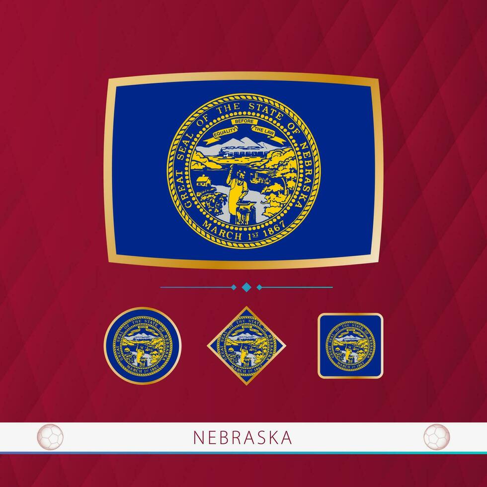 Set of Nebraska flags with gold frame for use at sporting events on a burgundy abstract background. vector