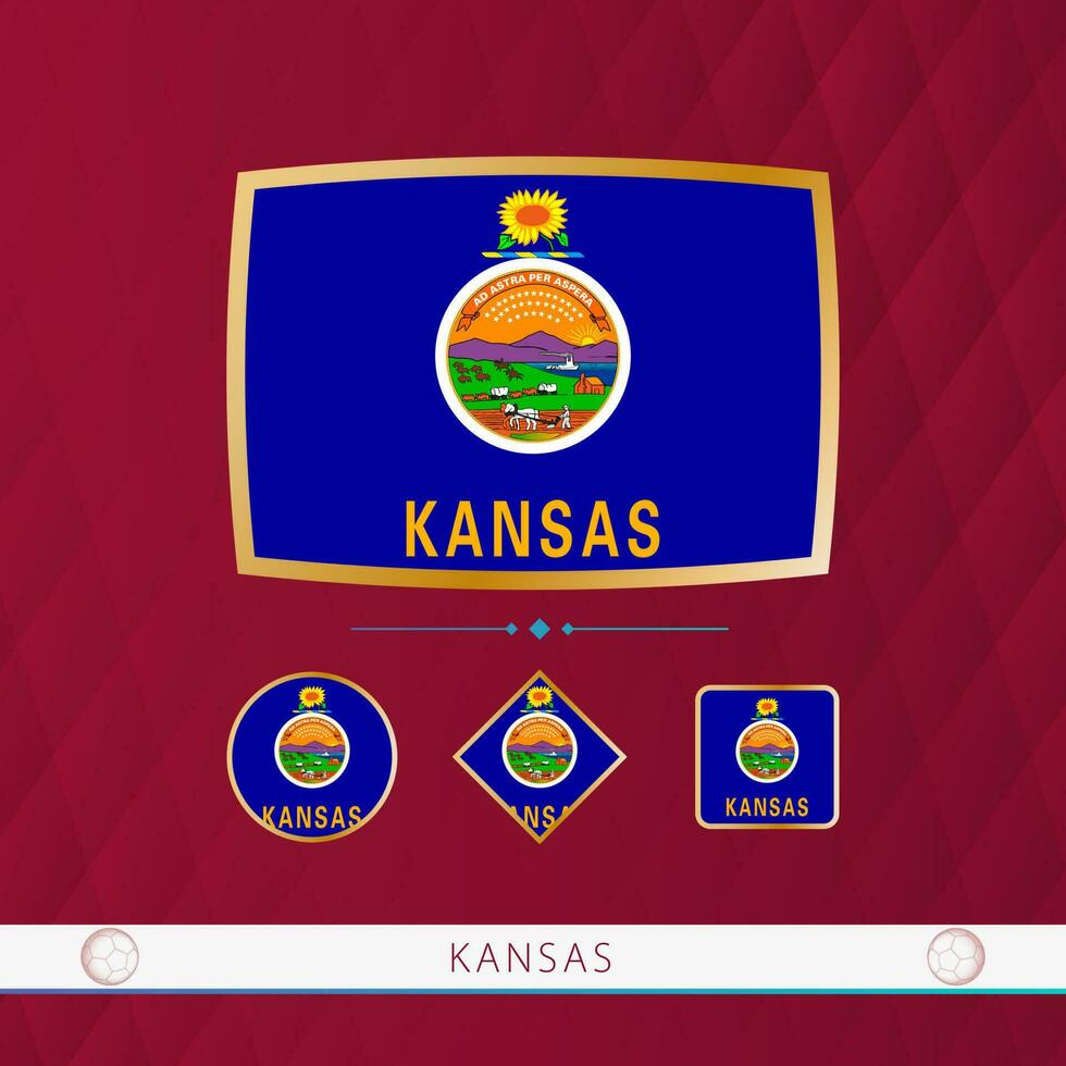 Set of Kansas flags with gold frame for use at sporting events on a burgundy abstract background. vector