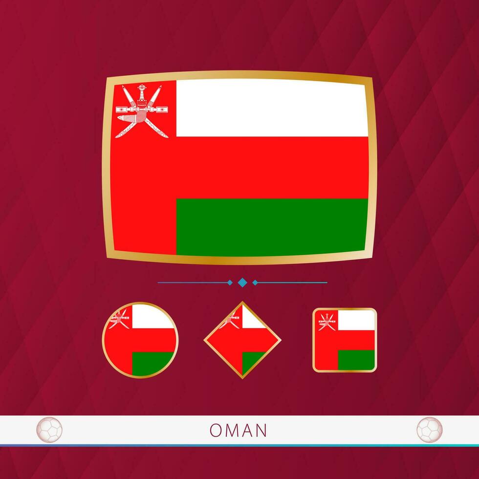 Set of Oman flags with gold frame for use at sporting events on a burgundy abstract background. vector