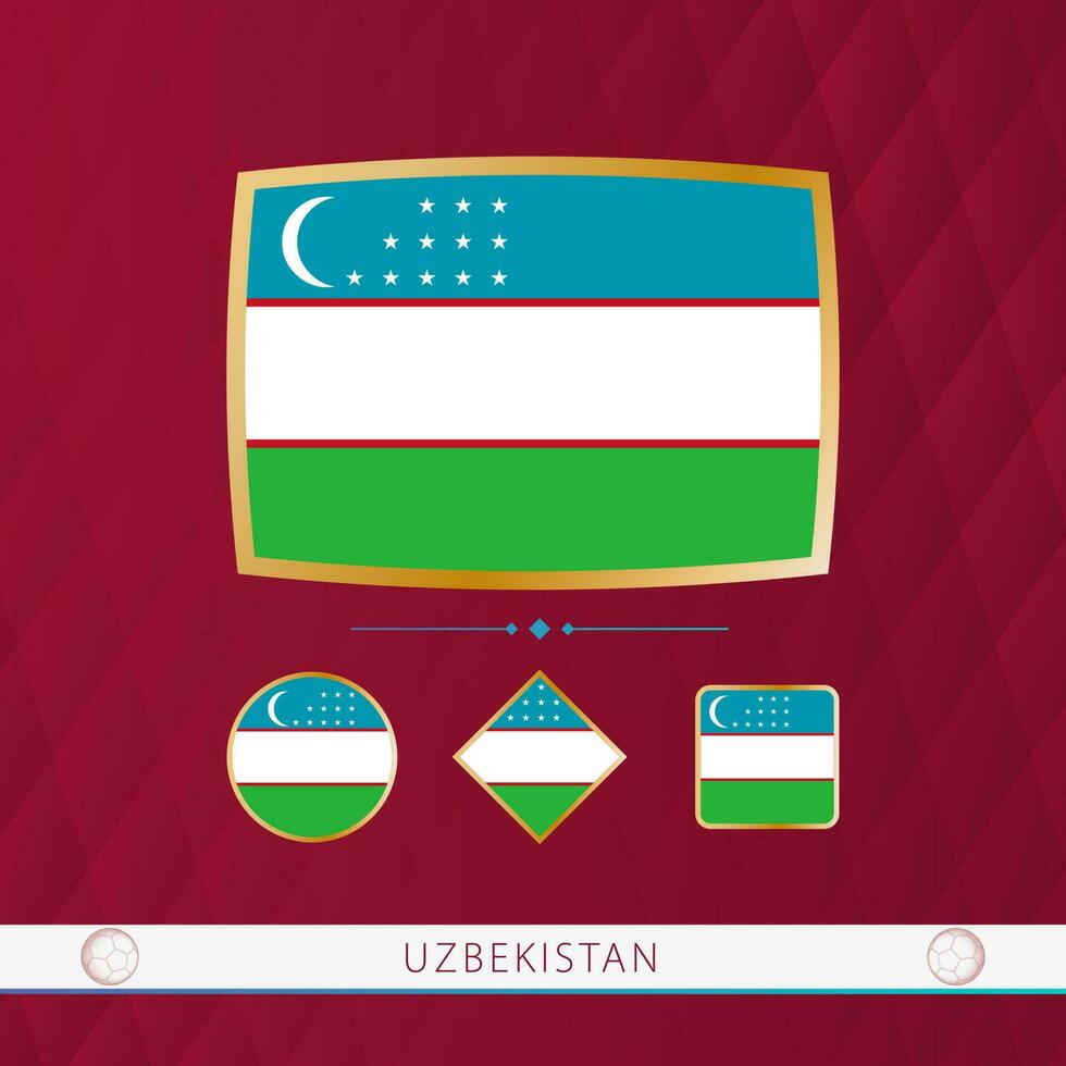 Set of Uzbekistan flags with gold frame for use at sporting events on a burgundy abstract background. vector