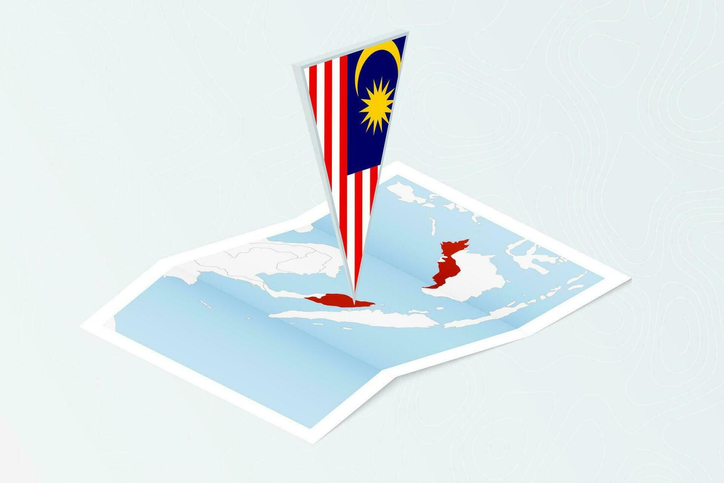 Isometric paper map of Malaysia with triangular flag of Malaysia in isometric style. Map on topographic background. vector