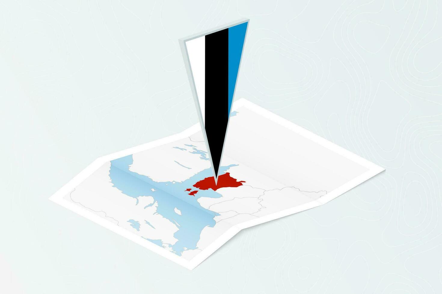 Isometric paper map of Estonia with triangular flag of Estonia in isometric style. Map on topographic background. vector