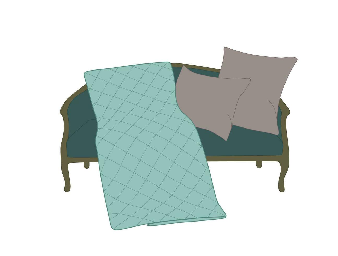 Clásico sofá en plano estilo. dibujos animados turquesa sofá con cobija y almohadas, mueble decoración de vivo habitación aislado en blanco. vector ilustración de, mueble interior decoración de hogar departamento.