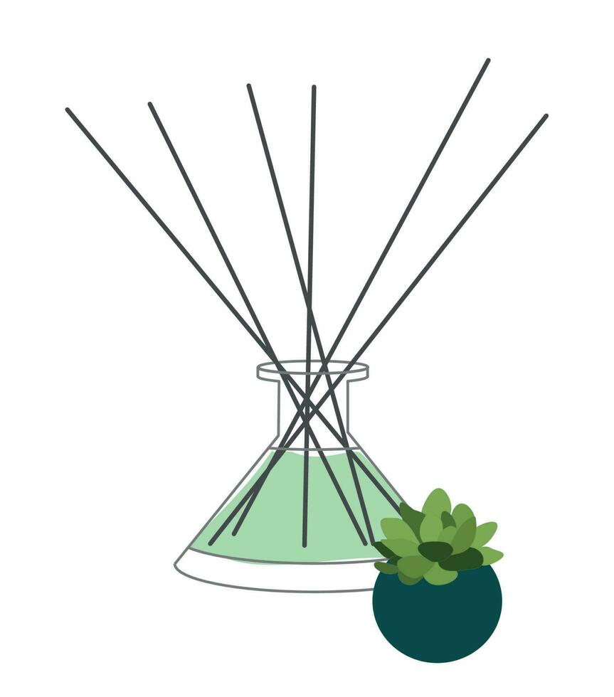 Home aromatherapy Vector isolated illustration. Green Diffuser with sticks with standing flower pot with succulent