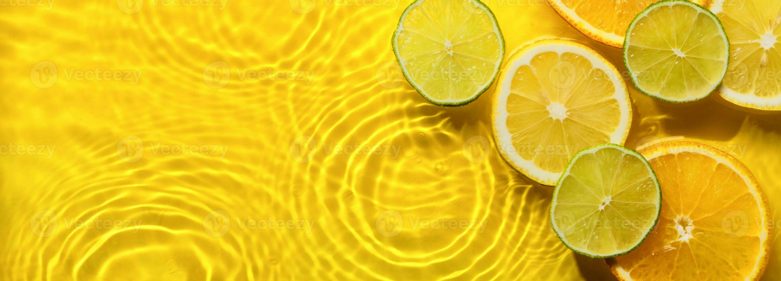 agrios frutas en amarillo agua bandera con concéntrico círculos y ondas refrescante verano concepto, Copiar espacio foto