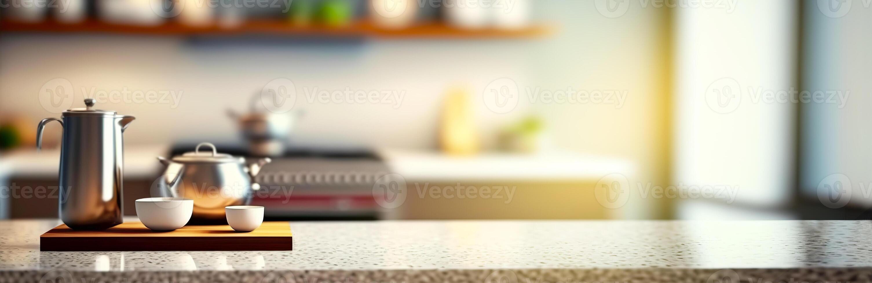 Modern empty marble tabletop on blurry kitchen interior banner. illustration photo