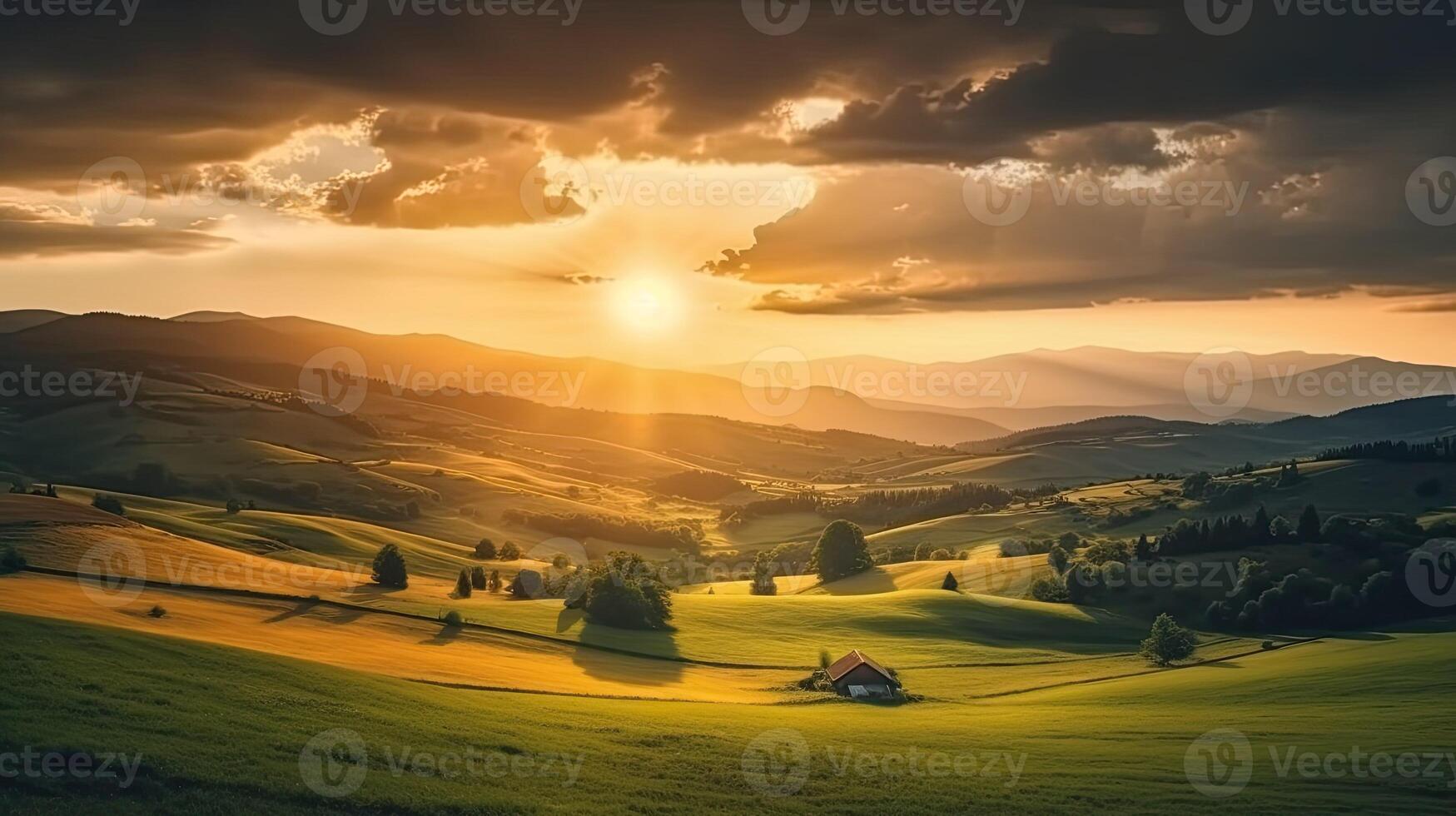 mountain countryside landscape at sunset. dramatic sky over a distant valley. green fields and trees on hill. beautiful natural landscapes of the carpathians variation 1 photo
