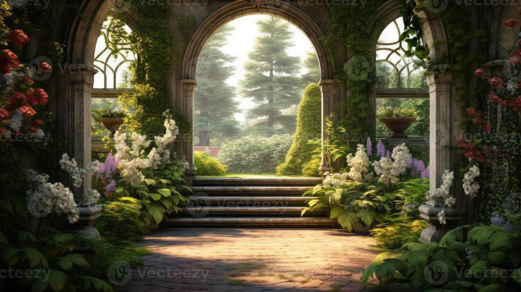 Passage to the summer sunny park through the arch with flowers variation 5 photo