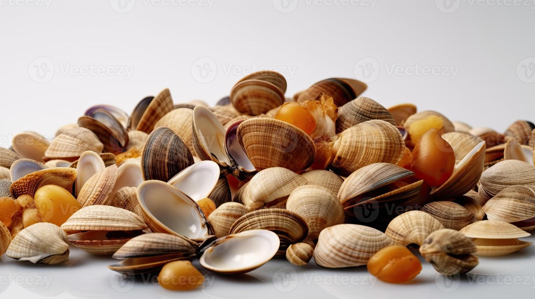 Closed up fresh baby clams, venus shell, shellfish, carpet clams, short necked clams on white background variation 1 photo