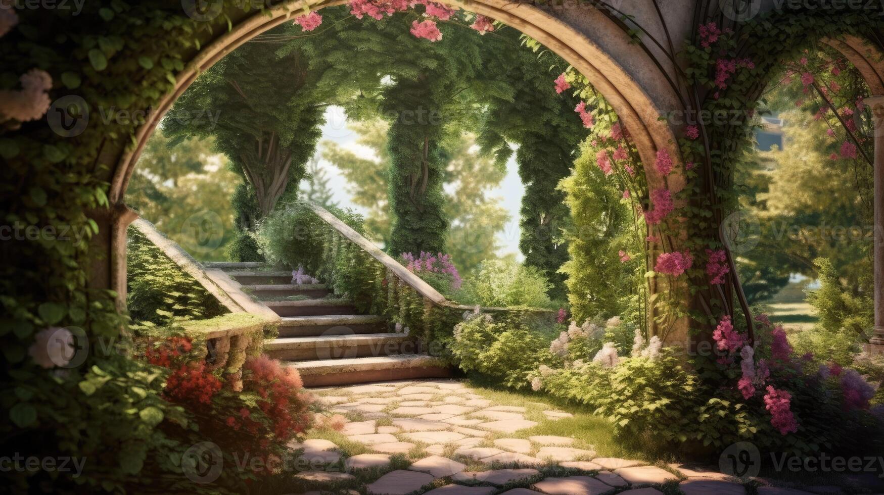 Passage to the summer sunny park through the arch with flowers variation 4 photo
