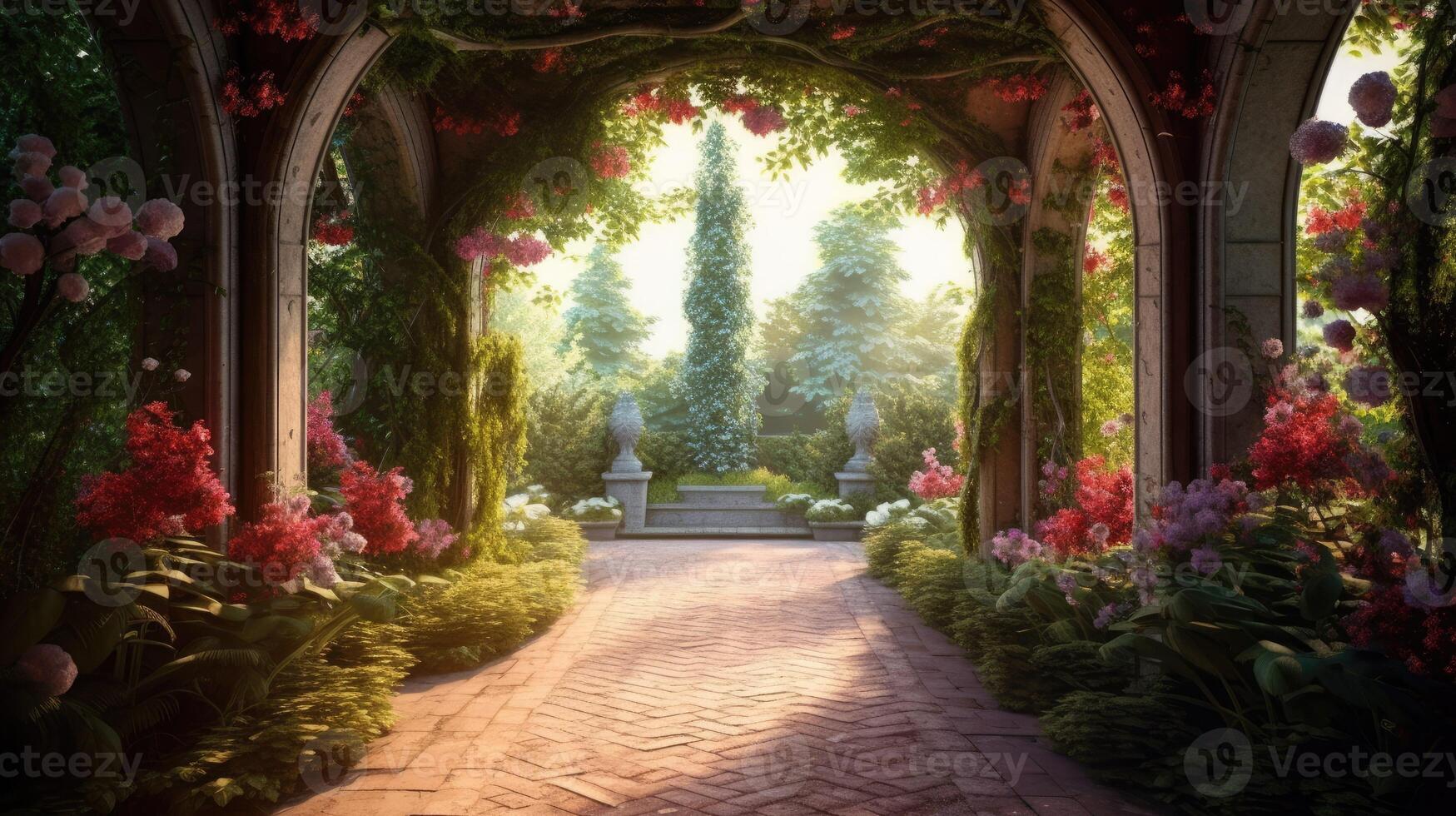 Passage to the summer sunny park through the arch with flowers variation 2 photo