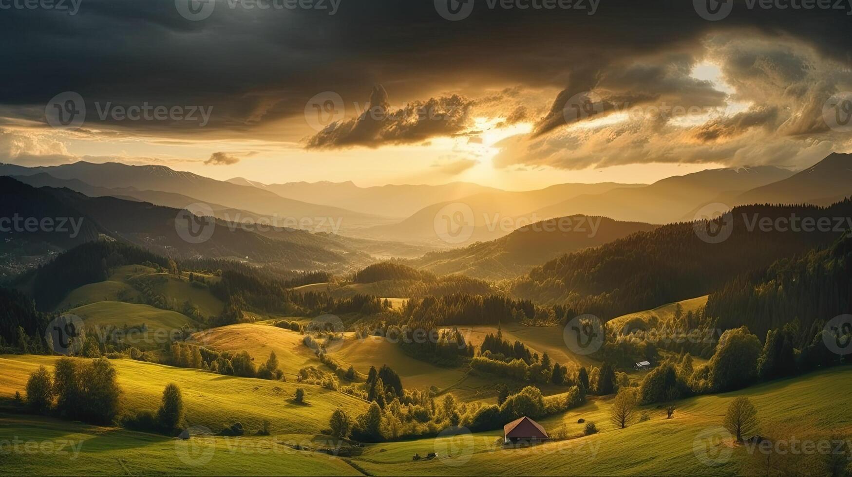 mountain countryside landscape at sunset. dramatic sky over a distant valley. green fields and trees on hill. beautiful natural landscapes of the carpathians variation 3 photo