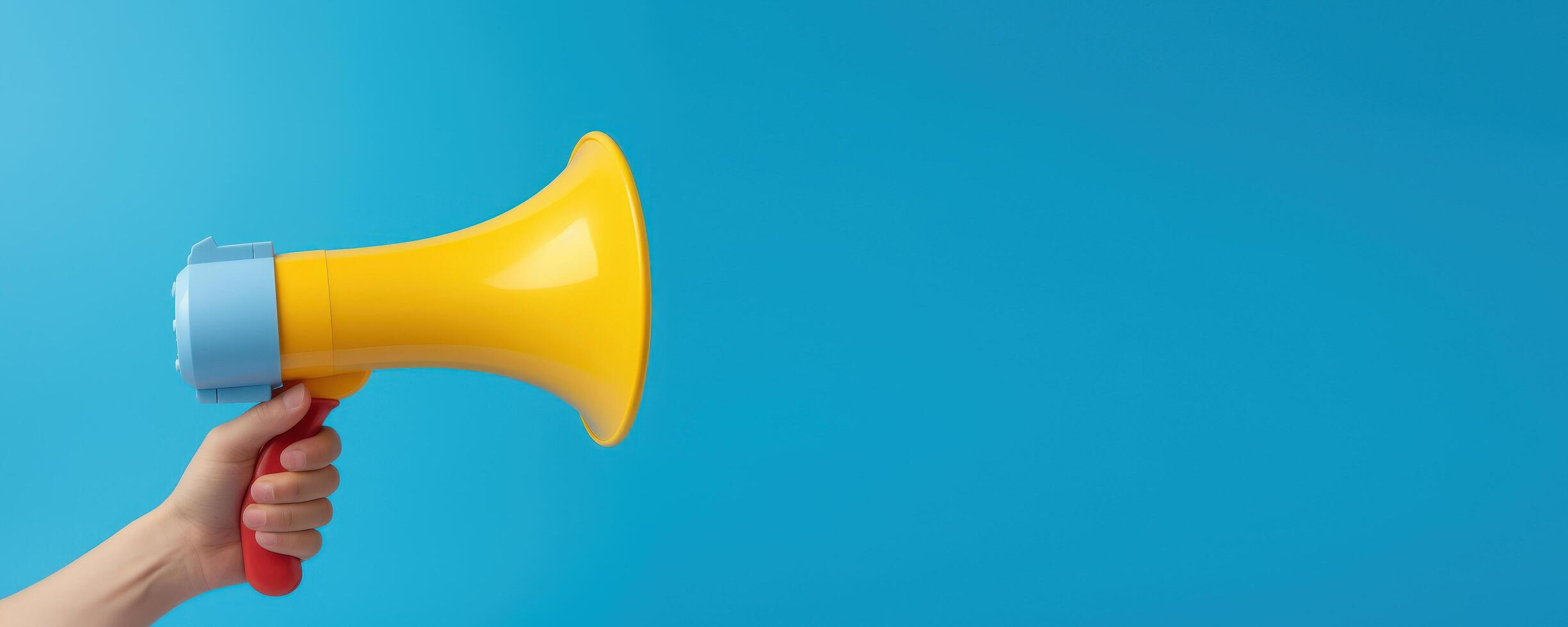 Hand holding megaphone on blue background. Hiring, advertising and marketing concept. photo