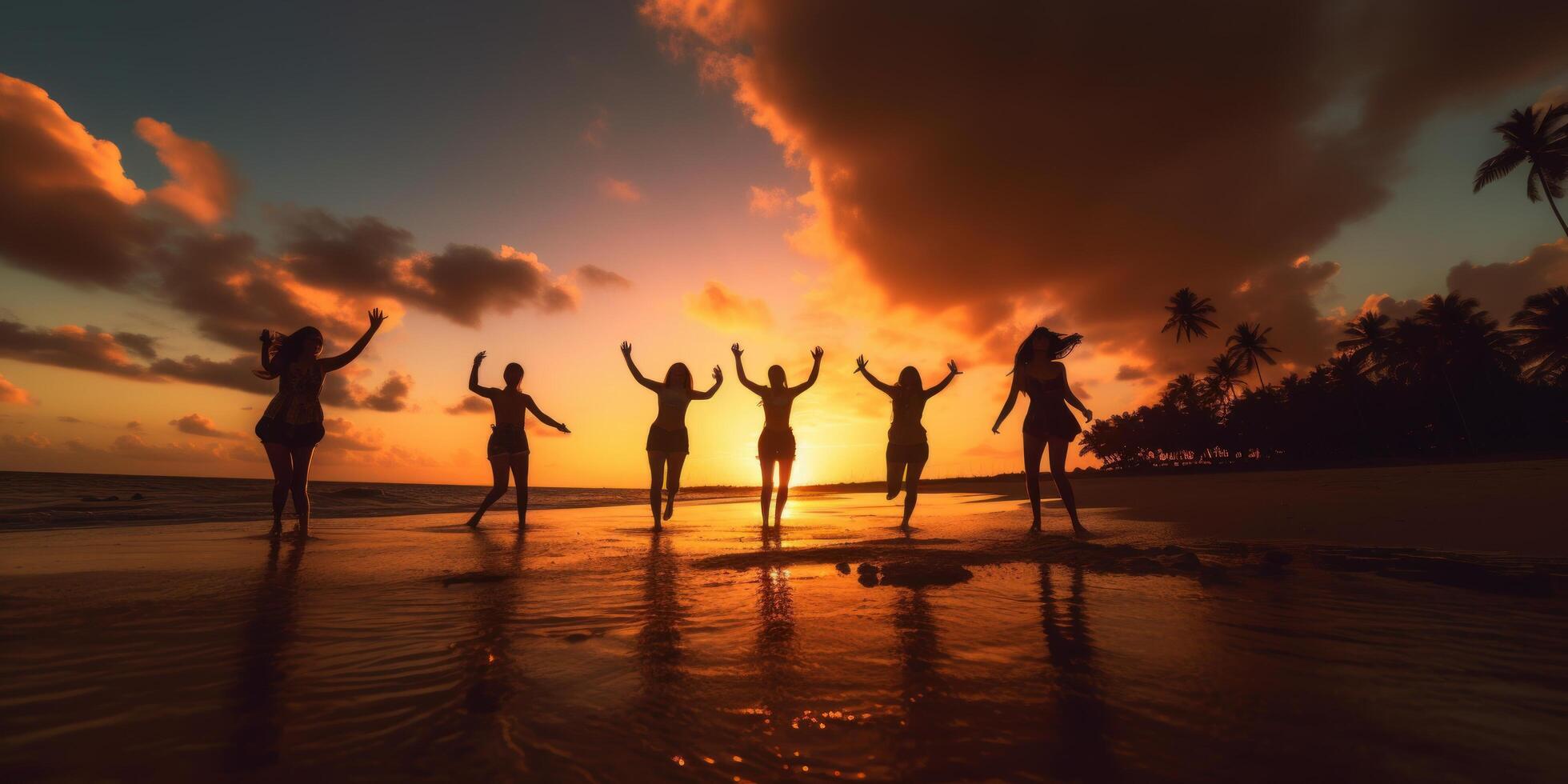 silueta grupo de amigos bailando en el playa verano puesta de sol antecedentes. generativo ai foto