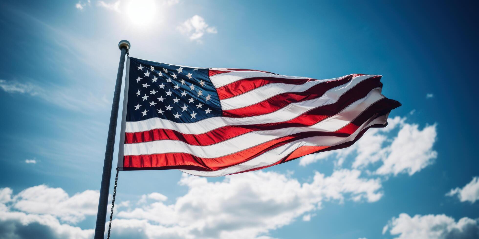 americano bandera ondulación en azul cielo antecedentes. Estados Unidos bandera para monumento día o 4to de julio. generativo ai foto