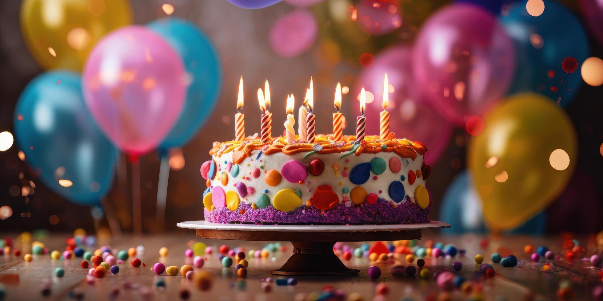 contento cumpleaños pastel con velas, globos y papel picado antecedentes. generativo ai foto