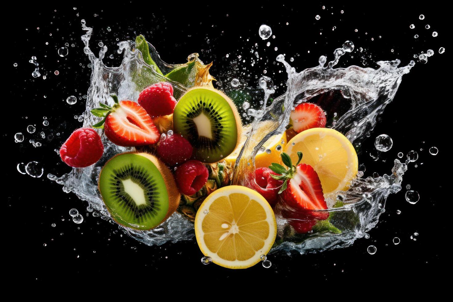 Various Fruit with Water Splash on Dark Background, Healthy fruits Rich