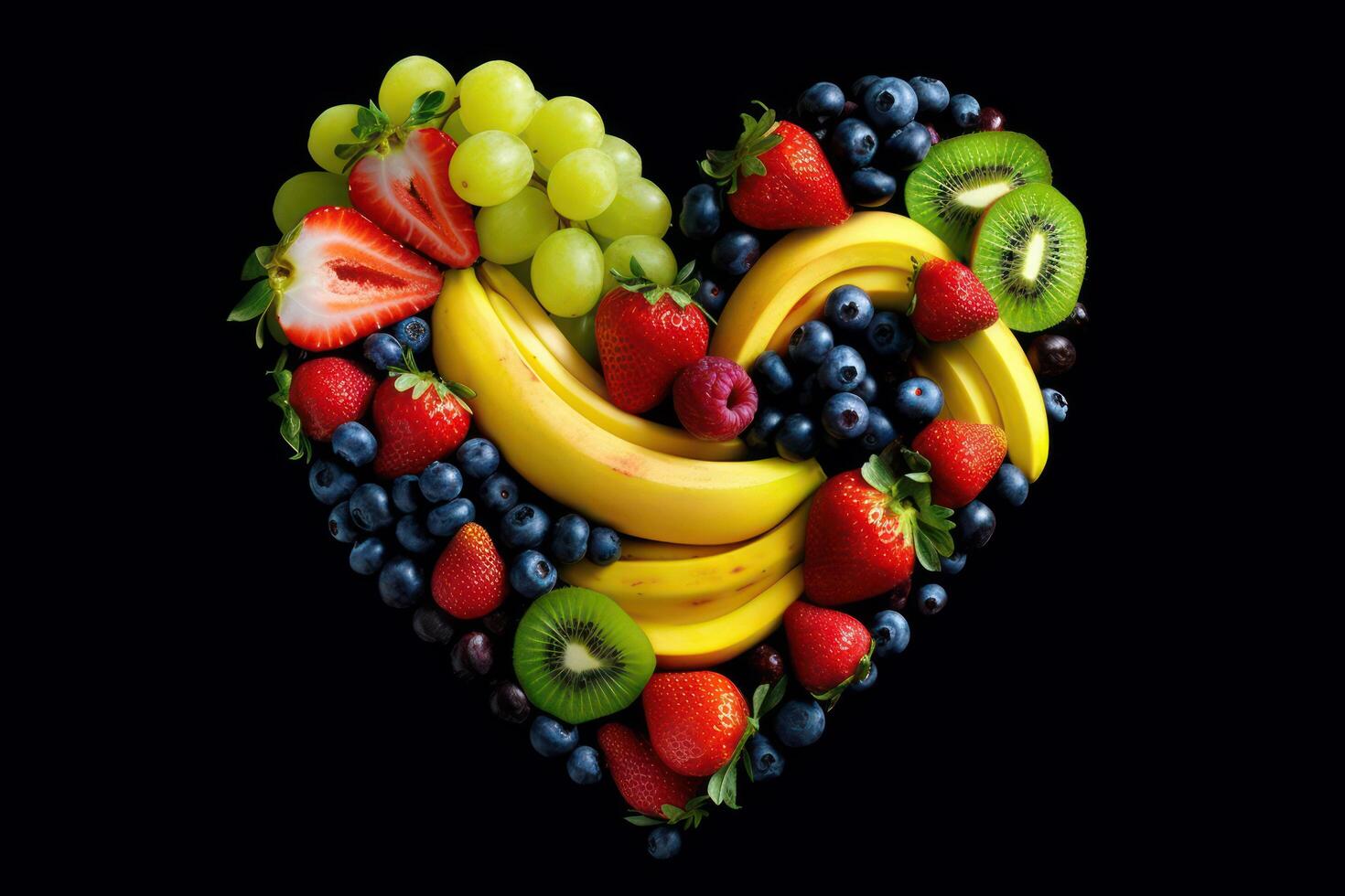 varios Fruta en el corazón forma oscuro fondo, sano frutas Rico en vitaminas generativo ai foto