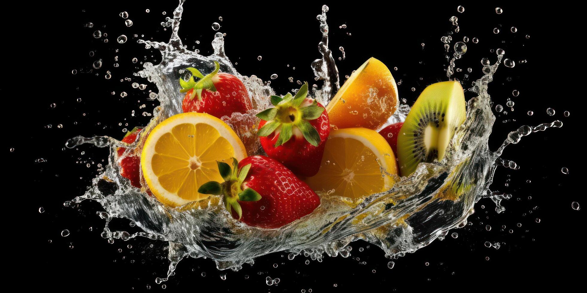 Various Fruit with Water Splash on Dark Background, Healthy fruits Rich in Vitamins. photo