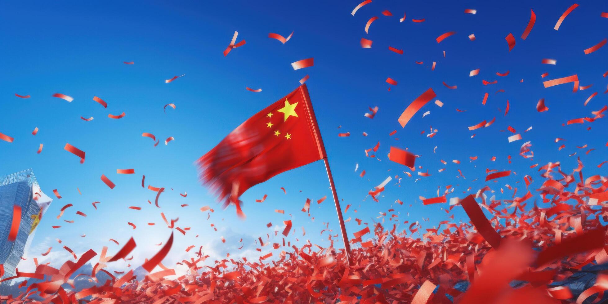 Celebrating China Flag with Confetti in Stadium for Sport Winning, National Event and Holiday Celebration. photo