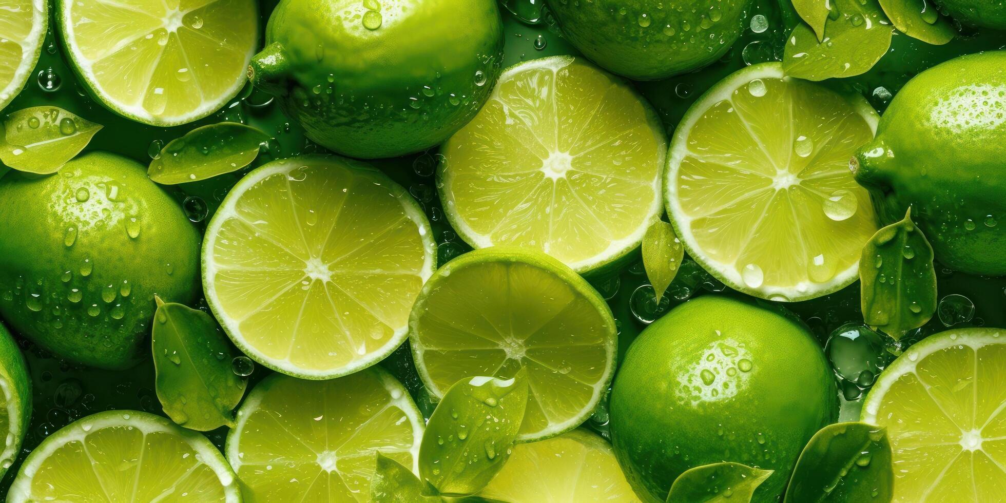 Fresh Slice Lime With Glistening Drop of Water Background. photo